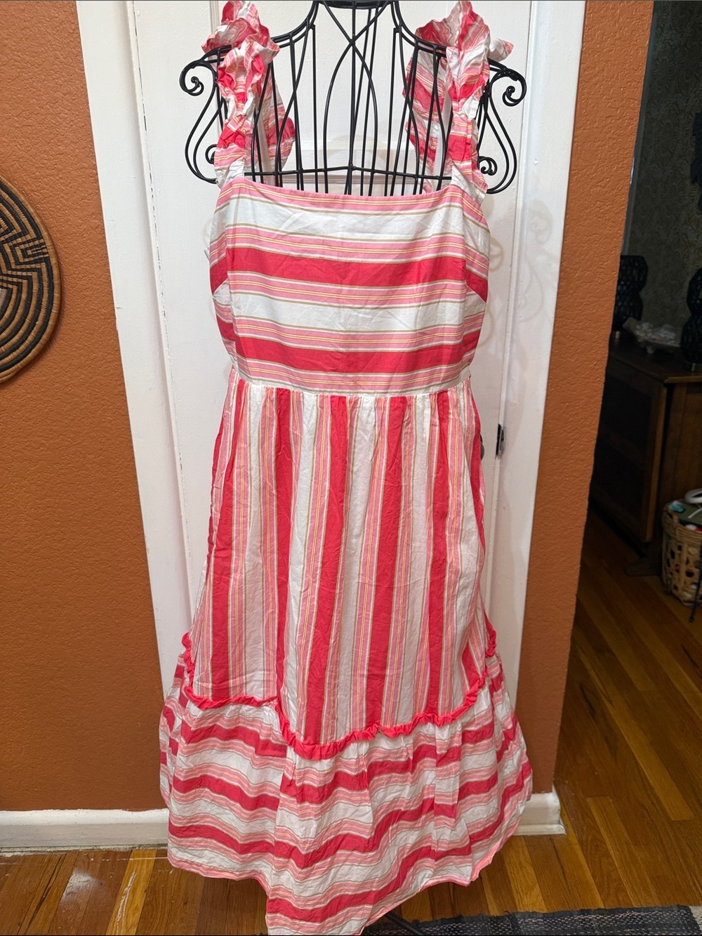 J. Crew Coral and White Striped Ruffle-Shoulder Sundress